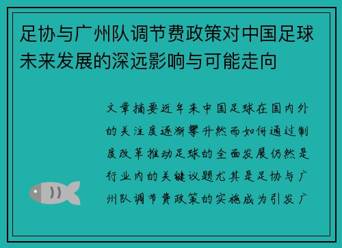 足协与广州队调节费政策对中国足球未来发展的深远影响与可能走向
