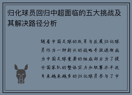 归化球员回归中超面临的五大挑战及其解决路径分析